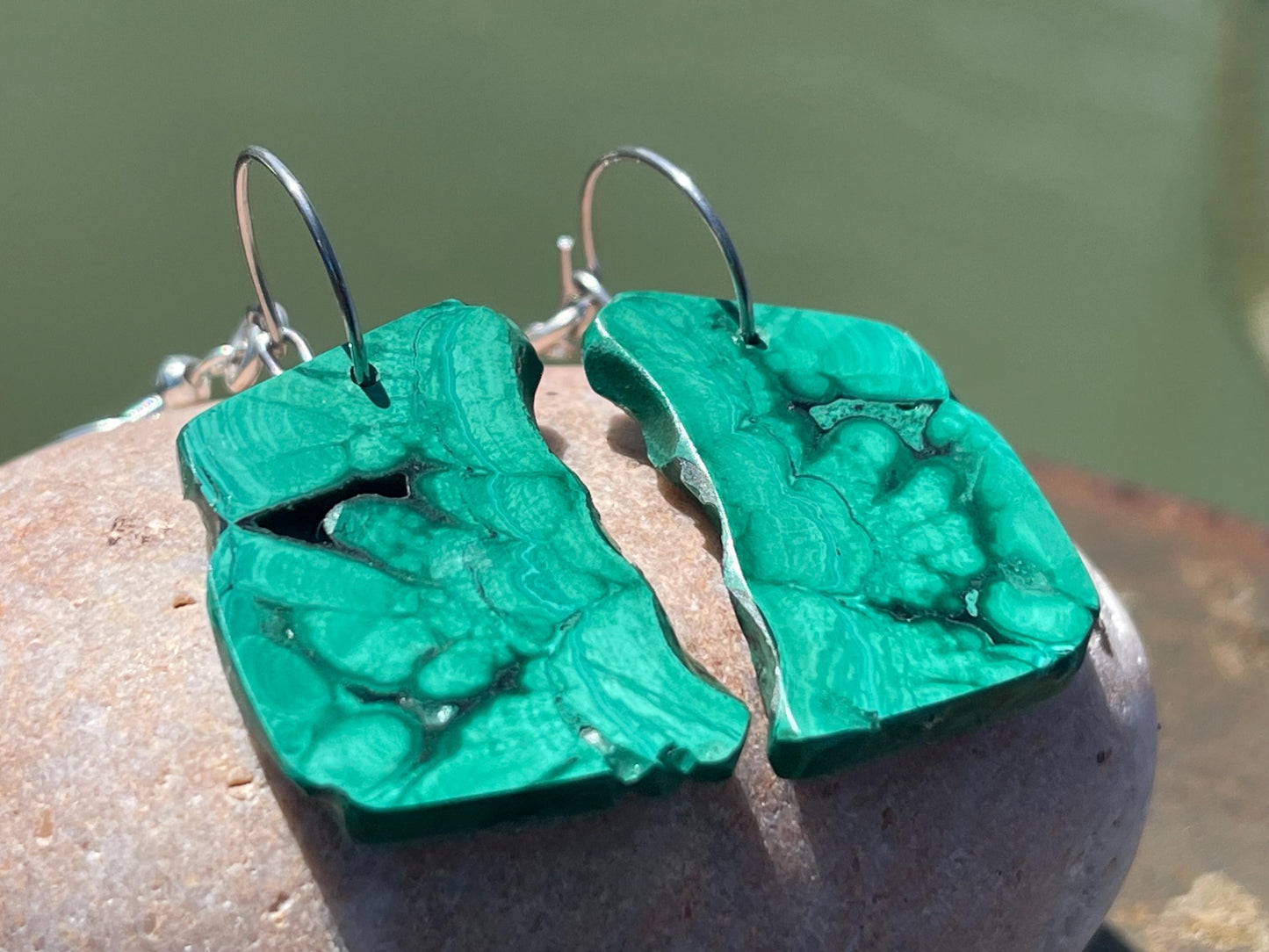 Malachite earrings, boho earrings, unusual gift for her, malachite earrings, silverjewellery, green gemstone earrings. Unusual jewellery