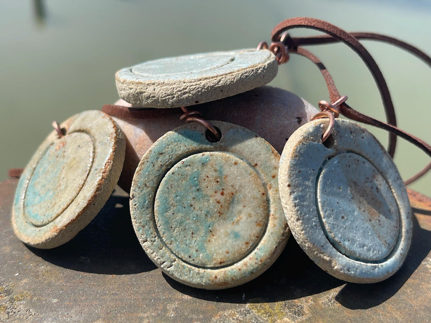 Eco friendly jewellery. Ethical pendants made with waste Sussex clay and recycled copper. Ethical jewellery. Large rustic pendant.
