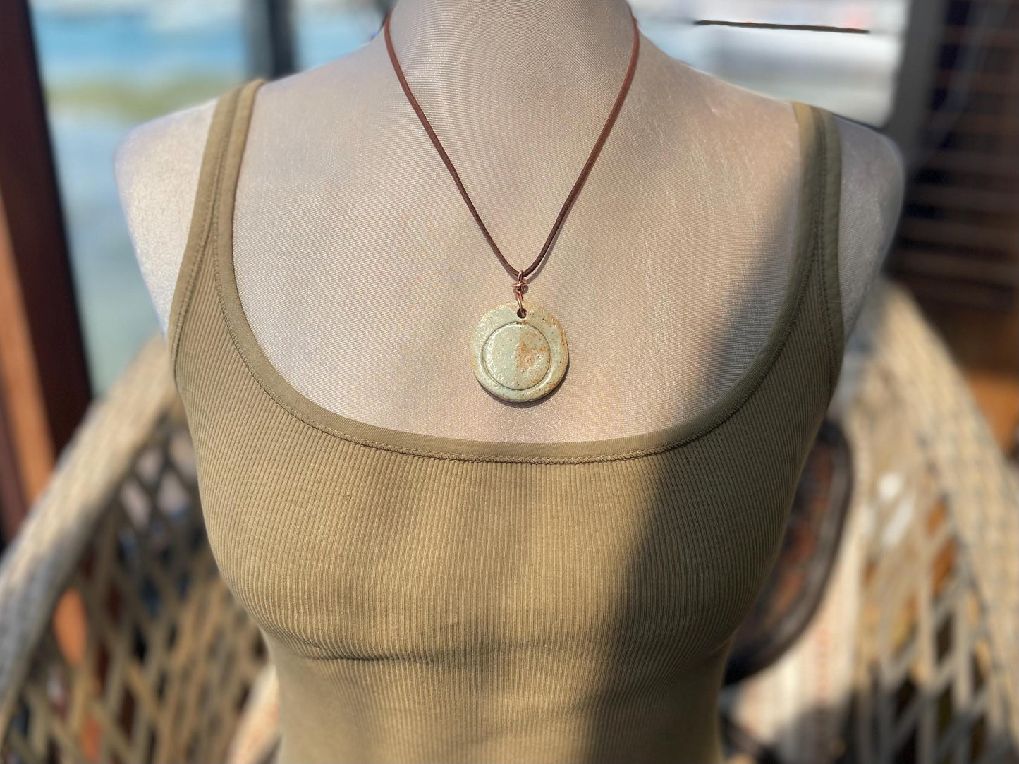 Eco friendly jewellery. Ethical pendants made with waste Sussex clay and recycled copper. Ethical jewellery. Large rustic pendant.