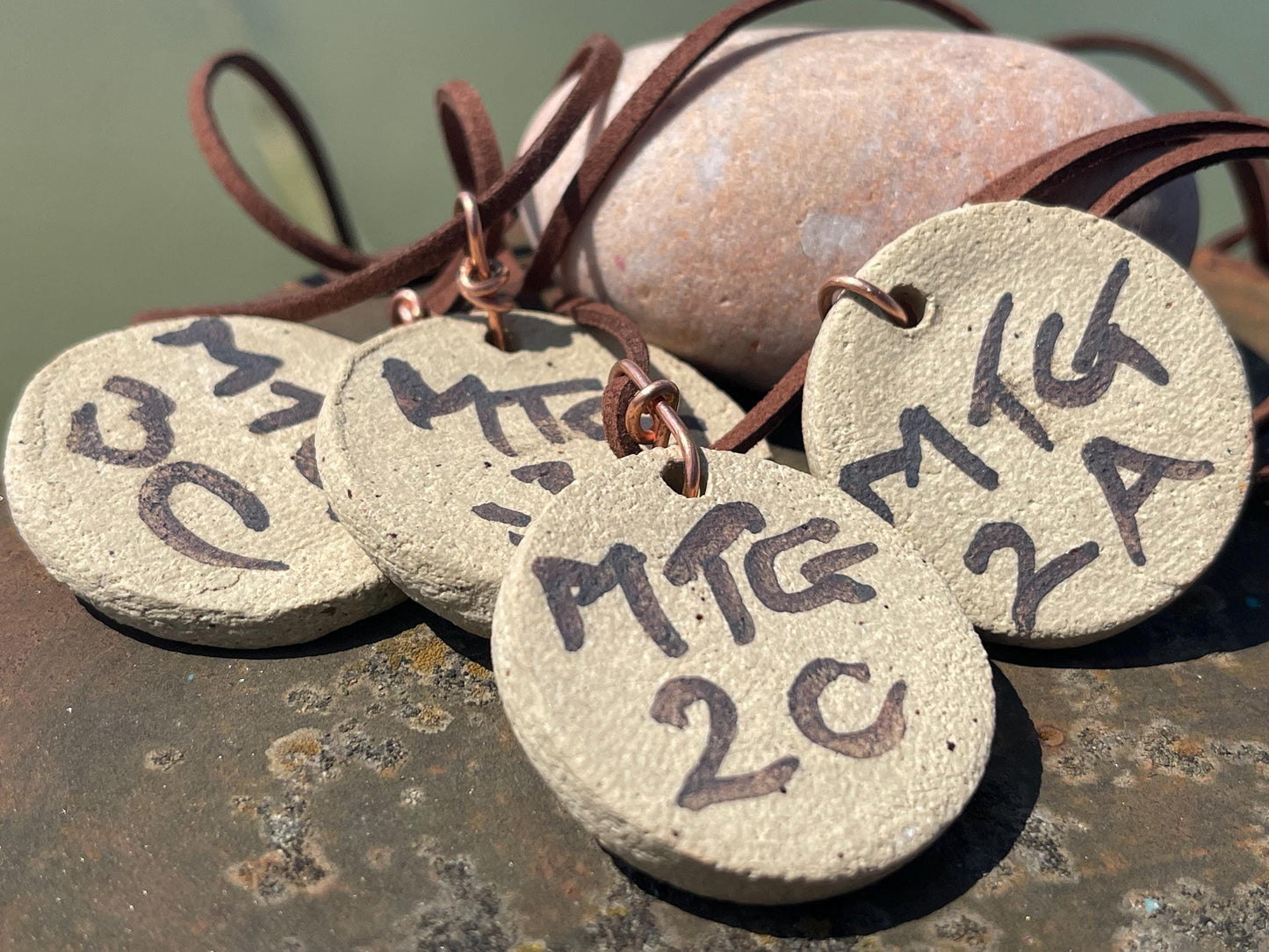 Eco friendly jewellery. Ethical pendants made with waste Sussex clay and recycled copper. Ethical jewellery. Large rustic pendant.