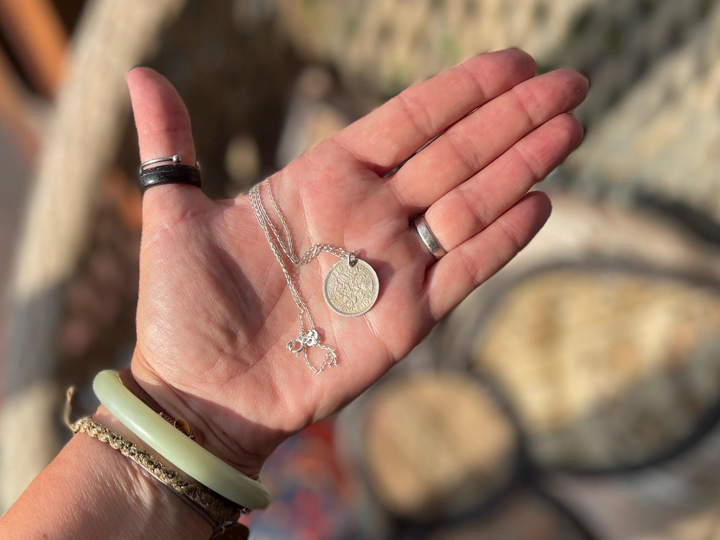 Lucky sixpence necklace on a recycled sterling silver chain. Eco friendly jewellery. Unique silver necklace.