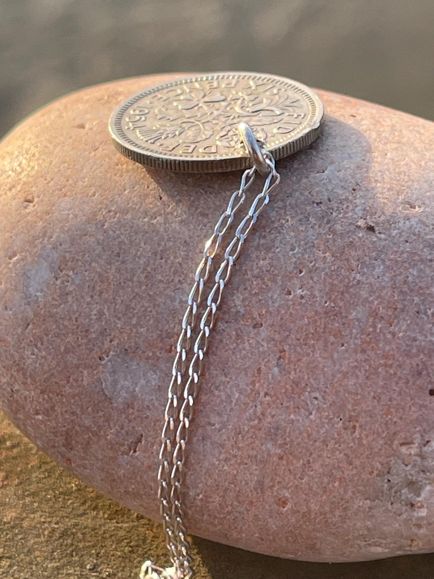 Lucky sixpence necklace on a recycled sterling silver chain. Eco friendly jewellery. Unique silver necklace.