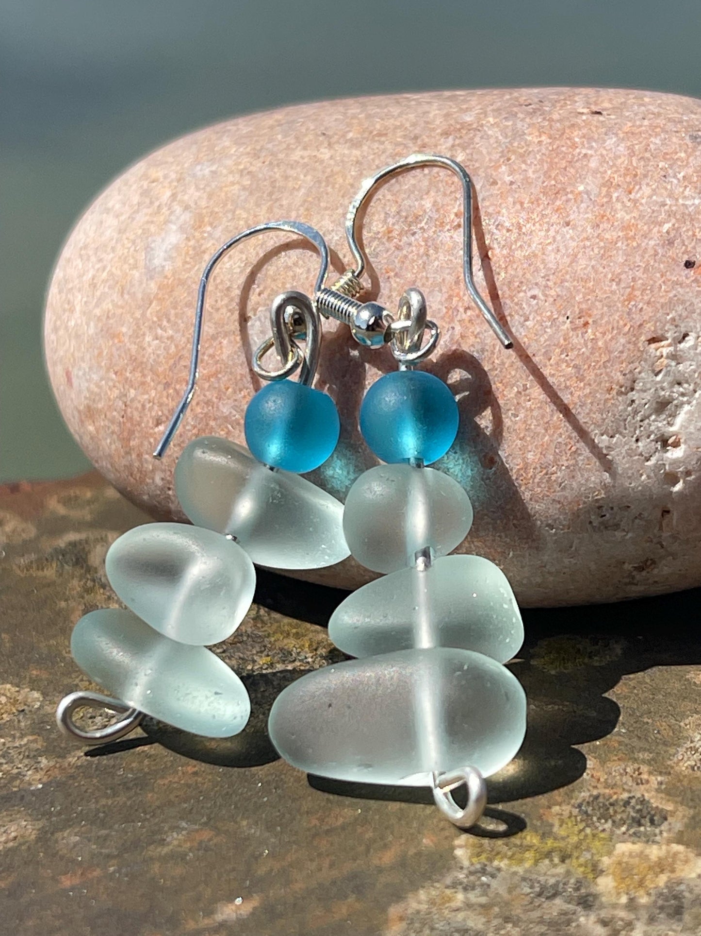 Handmade aqua sea glass earrings. Recycled earrings, Unique earrings, sea glass jewellery. Handmade gift for her. ethical jewellery