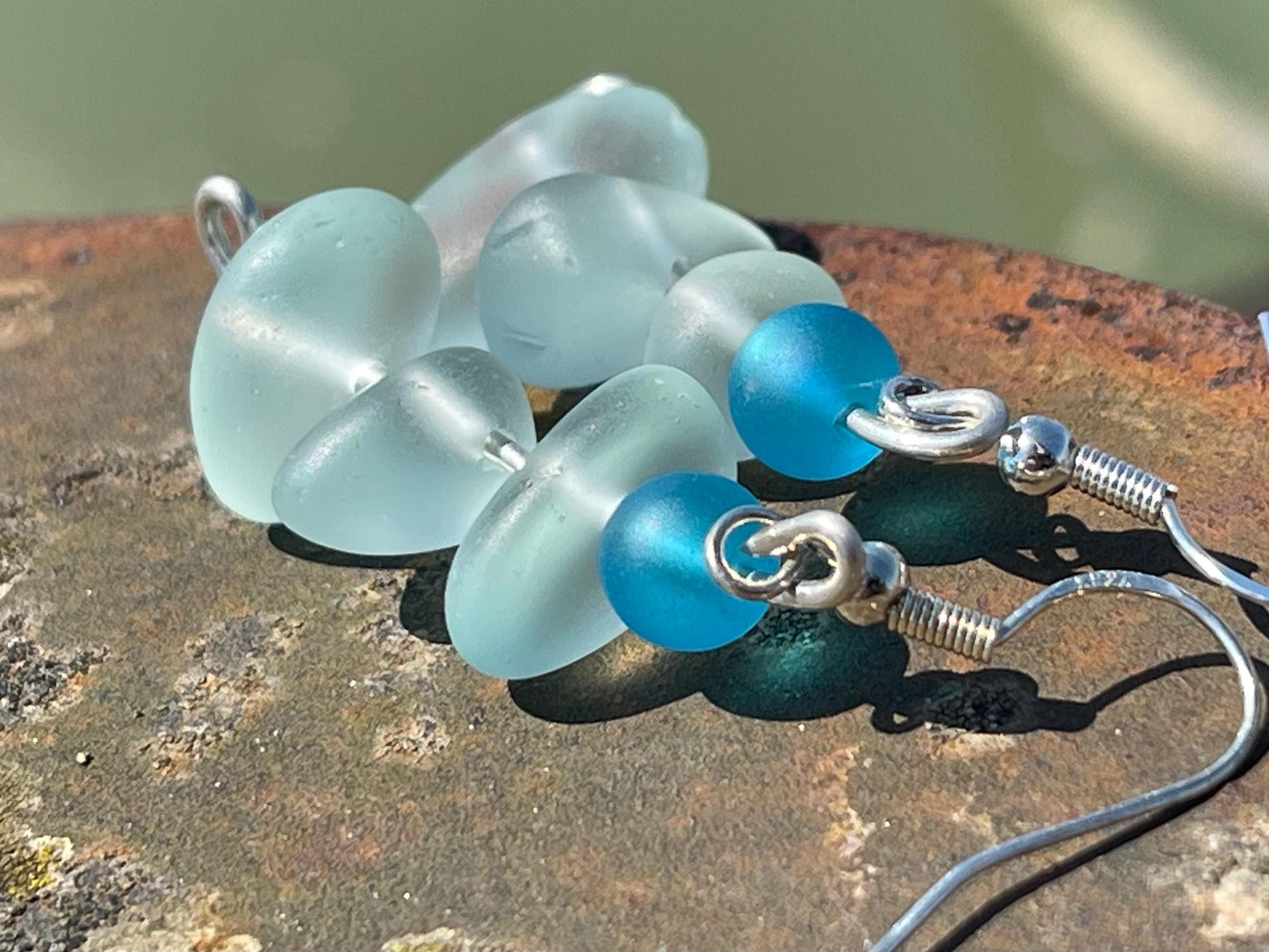 Handmade aqua sea glass earrings. Recycled earrings, Unique earrings, sea glass jewellery. Handmade gift for her. ethical jewellery