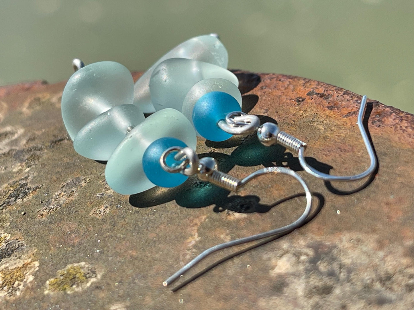 Handmade aqua sea glass earrings. Recycled earrings, Unique earrings, sea glass jewellery. Handmade gift for her. ethical jewellery