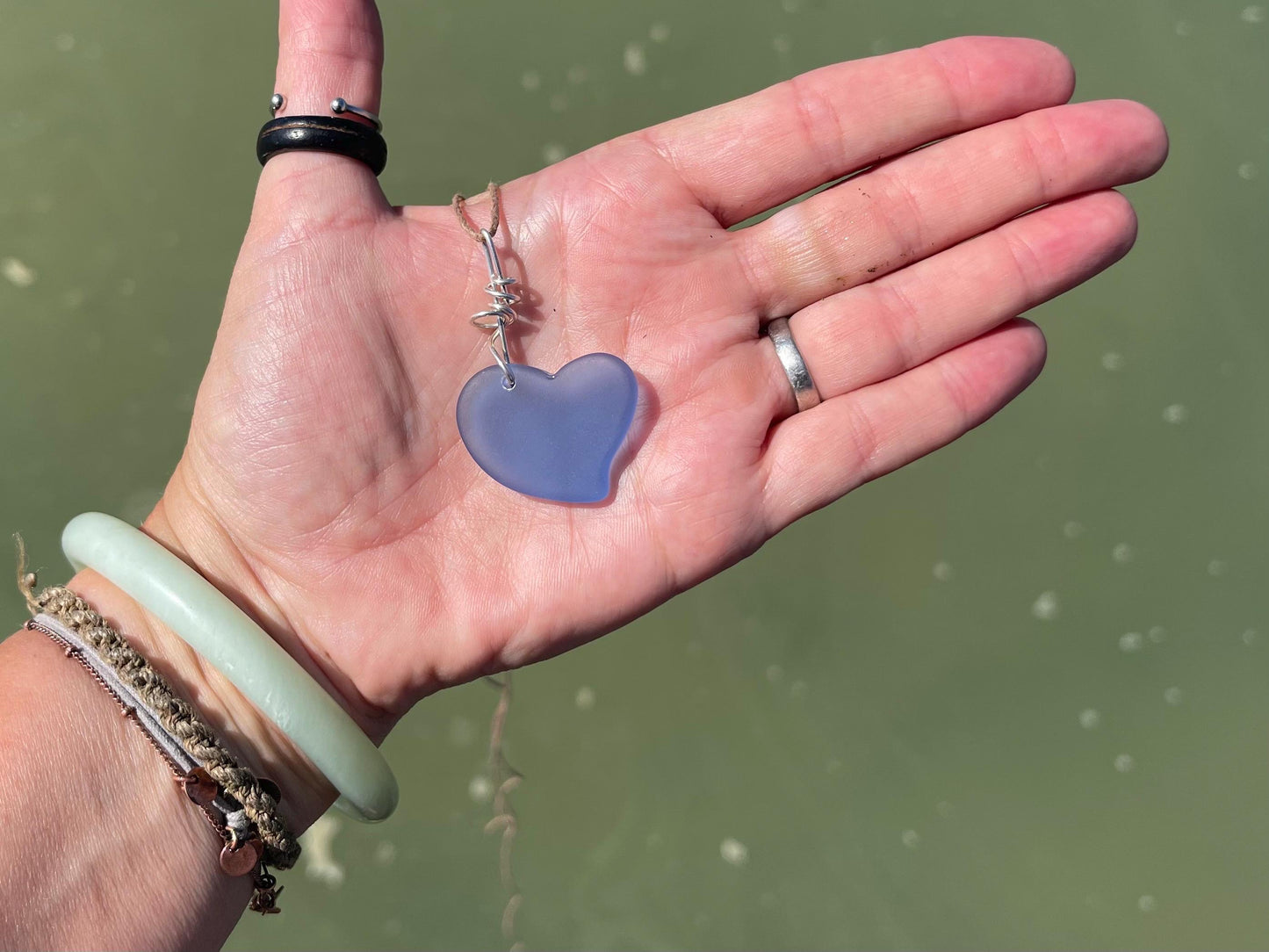 Sea glass heart necklace. Recycled necklace, gift for him. Ethical jewellery. Sea glass pendant. Eco friendly necklace, boho surf jewellery
