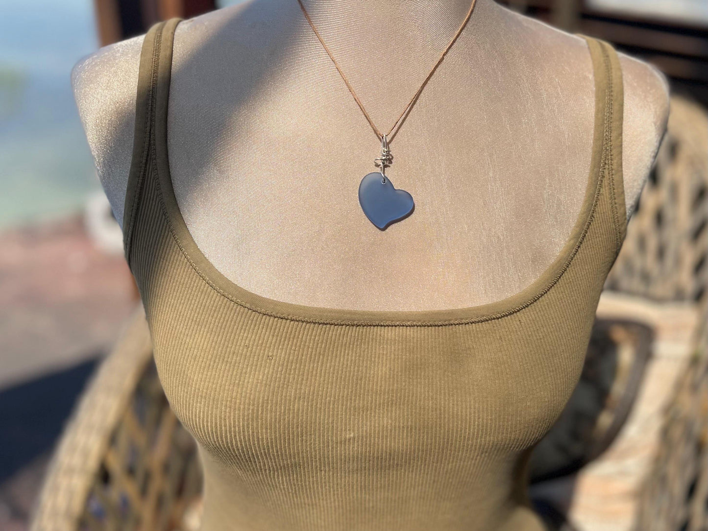 Sea glass heart necklace. Recycled necklace, gift for him. Ethical jewellery. Sea glass pendant. Eco friendly necklace, boho surf jewellery