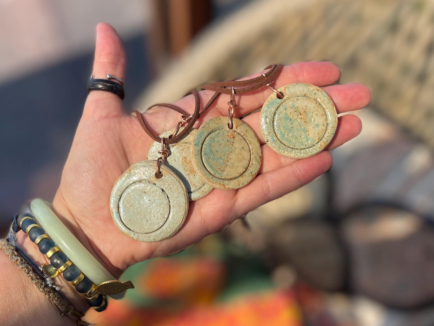 Eco friendly jewellery. Ethical pendants made with waste Sussex clay and recycled copper. Ethical jewellery. Large rustic pendant.
