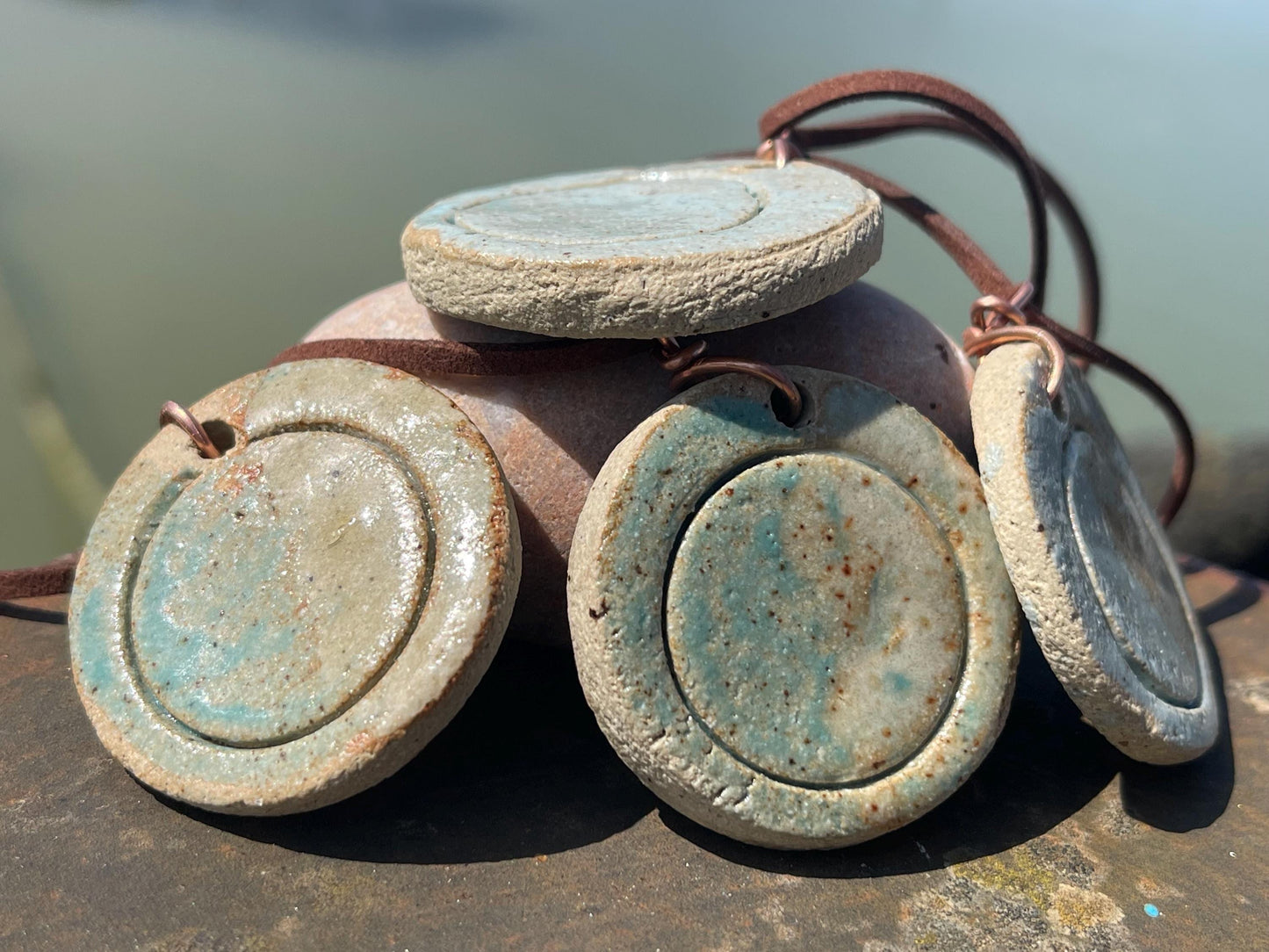 Eco friendly jewellery. Ethical pendants made with waste Sussex clay and recycled copper. Ethical jewellery. Large rustic pendant.