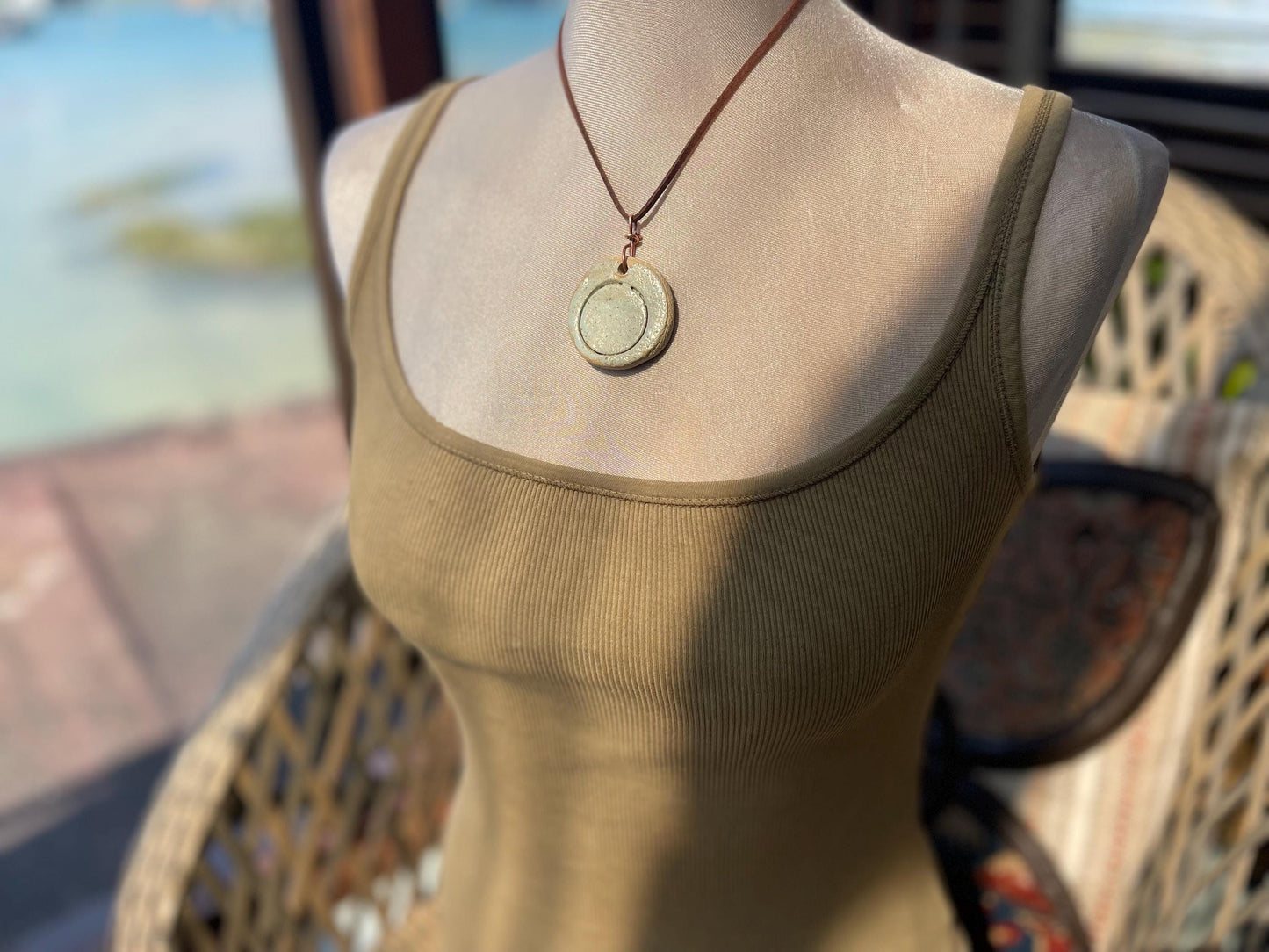 Eco friendly jewellery. Ethical pendants made with waste Sussex clay and recycled copper. Ethical jewellery. Large rustic pendant.