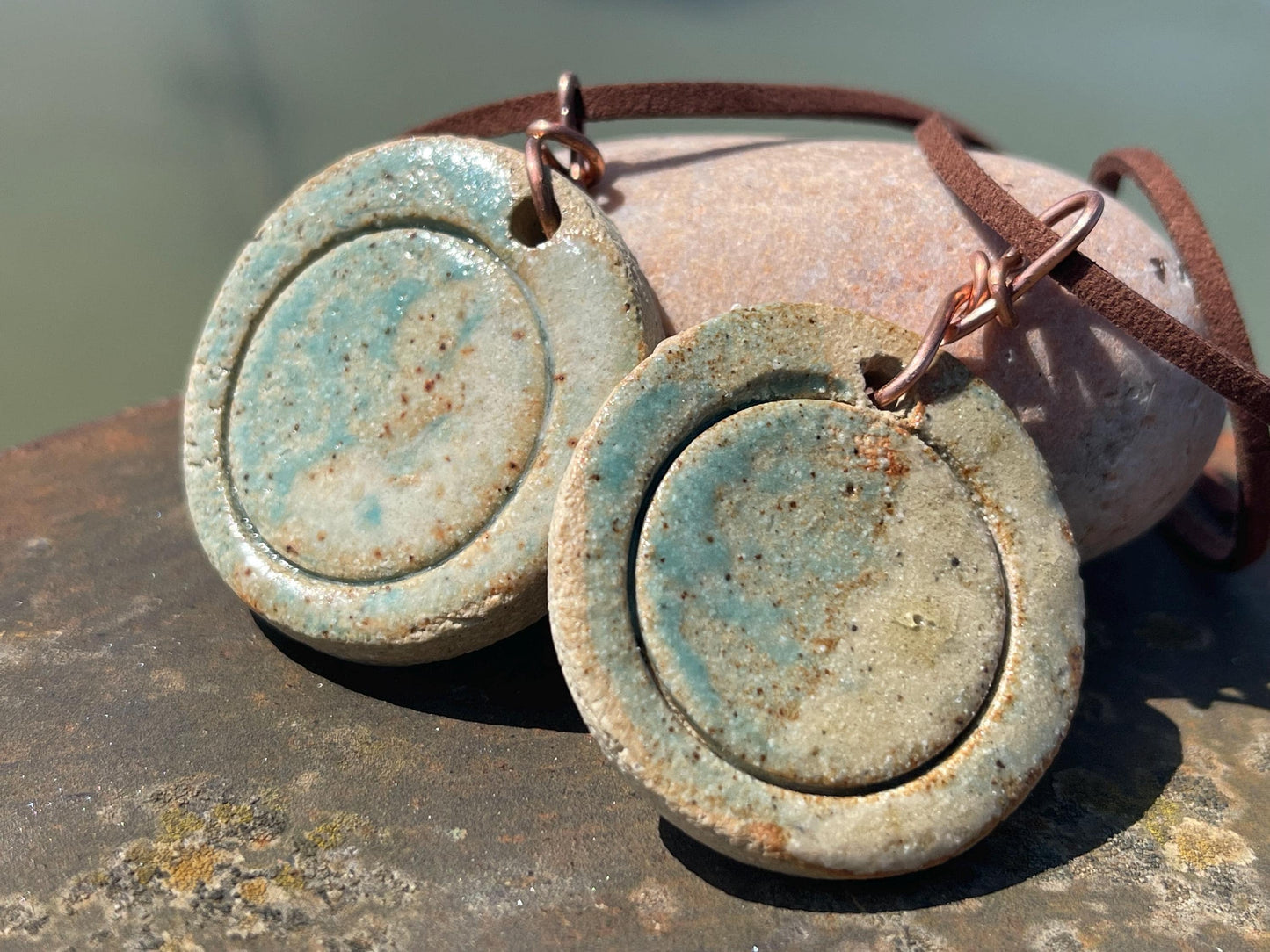 Eco friendly jewellery. Ethical pendants made with waste Sussex clay and recycled copper. Ethical jewellery. Large rustic pendant.