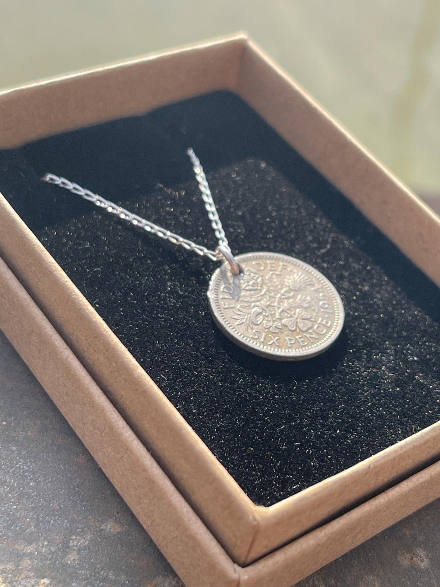 Lucky sixpence necklace on a recycled sterling silver chain. Eco friendly jewellery. Unique silver necklace.