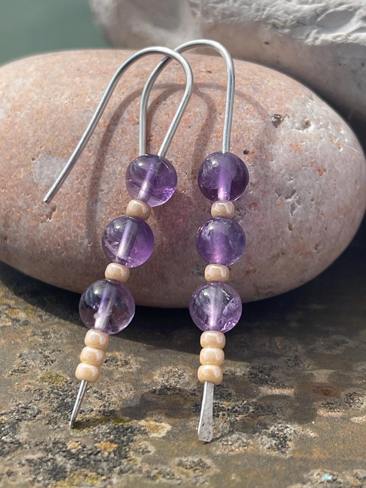 Amethyst & recycled sterling silver handmade earrings. Handmade amethyst jewellery. Artisan earring. Unique jewellery. Eco friendly earrings