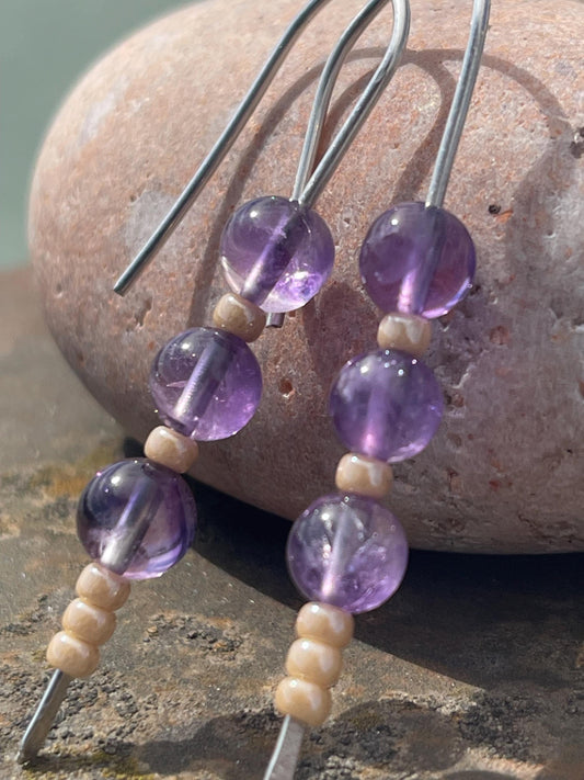 Amethyst & recycled sterling silver handmade earrings. Handmade amethyst jewellery. Artisan earring. Unique jewellery. Eco friendly earrings