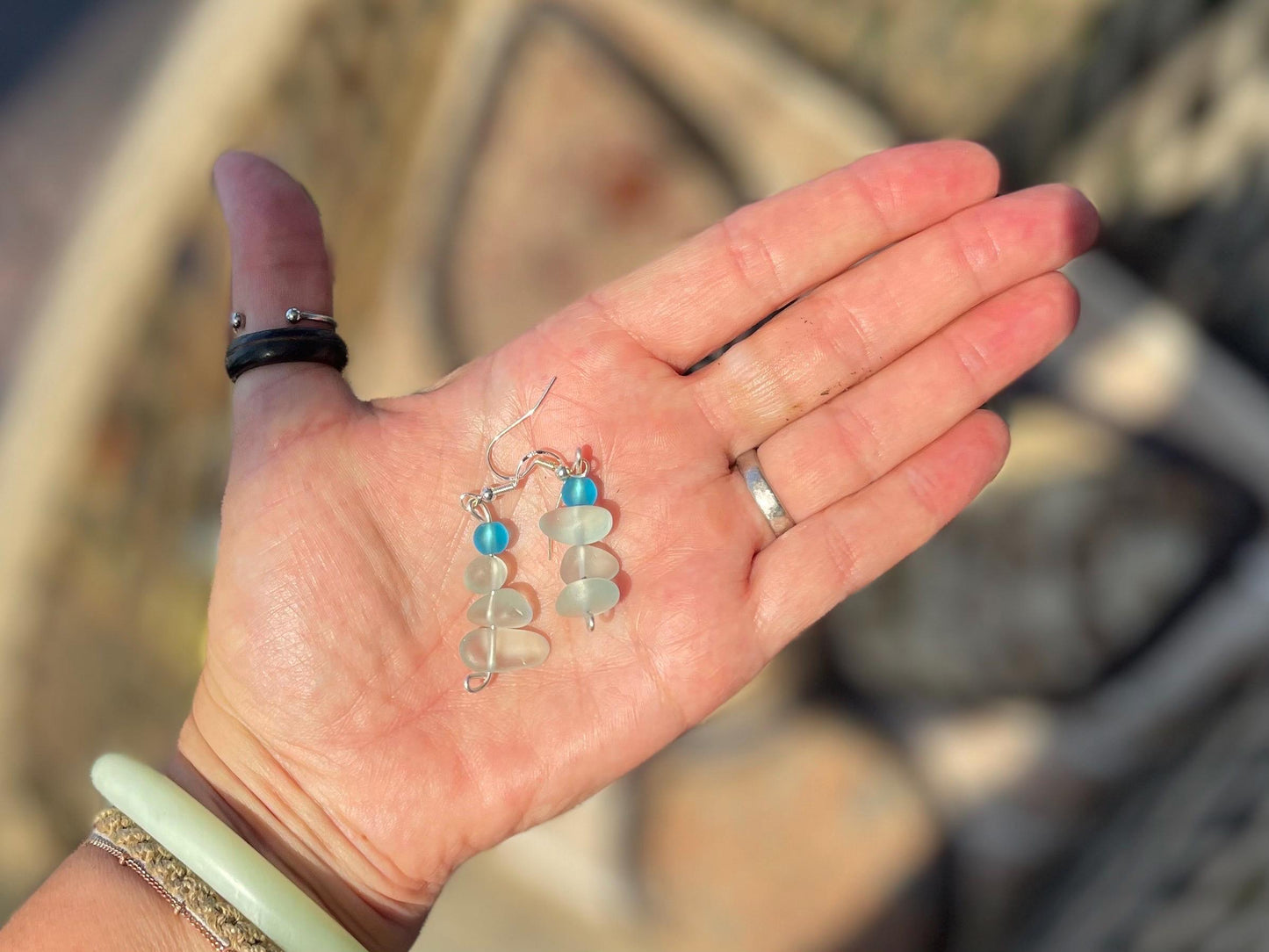 Handmade aqua sea glass earrings. Recycled earrings, Unique earrings, sea glass jewellery. Handmade gift for her. ethical jewellery