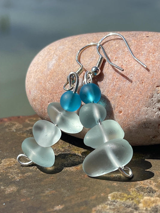 Handmade aqua sea glass earrings. Recycled earrings, Unique earrings, sea glass jewellery. Handmade gift for her. ethical jewellery