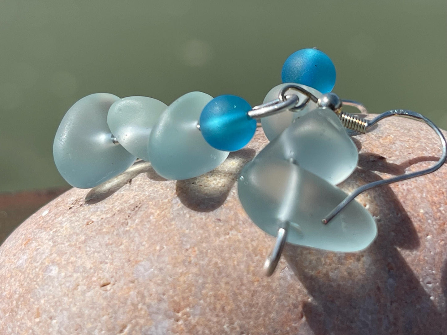 Handmade aqua sea glass earrings. Recycled earrings, Unique earrings, sea glass jewellery. Handmade gift for her. ethical jewellery
