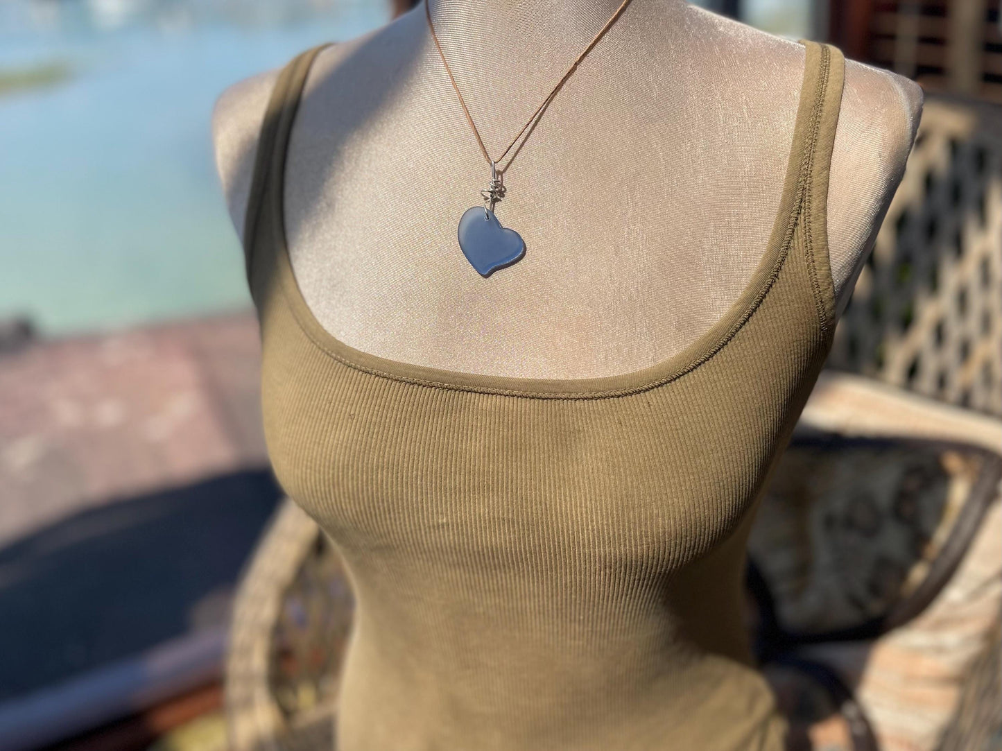 Sea glass heart necklace. Recycled necklace, gift for him. Ethical jewellery. Sea glass pendant. Eco friendly necklace, boho surf jewellery