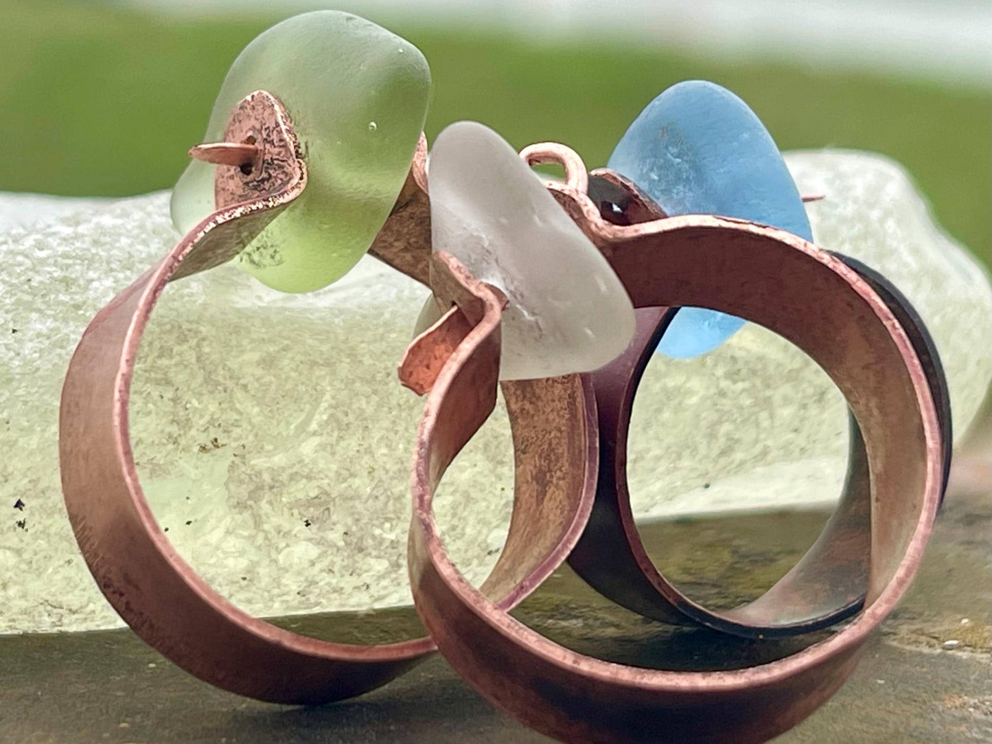 Recycled copper and sea glass rings. Handmade sea glass jewellery. Rings made with sea glass. Rustic jewellery. Handmade unusual rings.