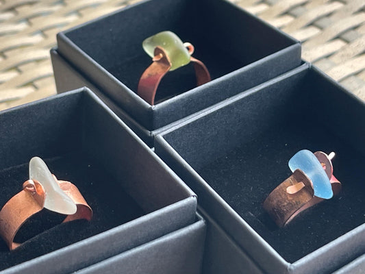 Recycled copper and sea glass rings. Handmade sea glass jewellery. Rings made with sea glass. Rustic jewellery. Handmade unusual rings.