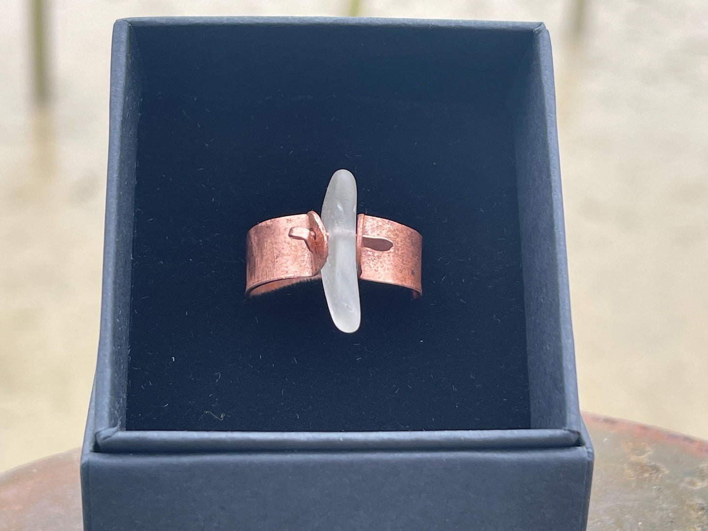 Recycled copper and sea glass rings. Handmade sea glass jewellery. Rings made with sea glass. Rustic jewellery. Handmade unusual rings.