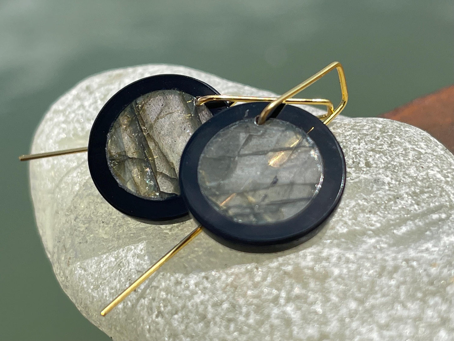 Ethically sourced labradorite and black onyx earrings held on recycled brass. Ethical jewellery, labradorite jewellery. Boho unique earrings