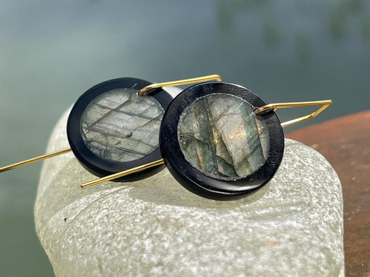 Ethically sourced labradorite and black onyx earrings held on recycled brass. Ethical jewellery, labradorite jewellery. Boho unique earrings
