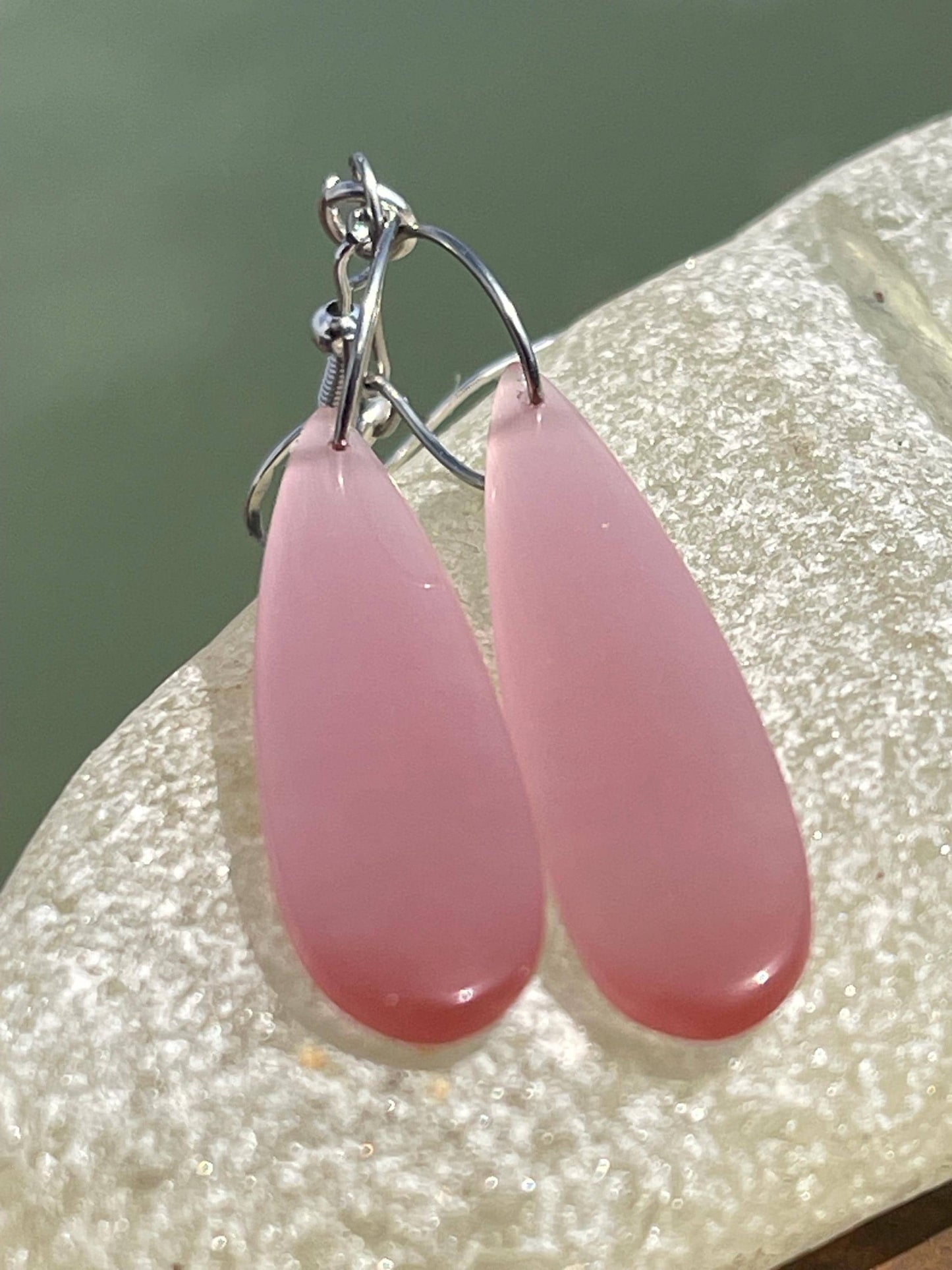 Pink cymophane earrings on sterling silver. Ethical and unique jewellery. Unique handmade earrings. Pink earrings. Pink jewellery.