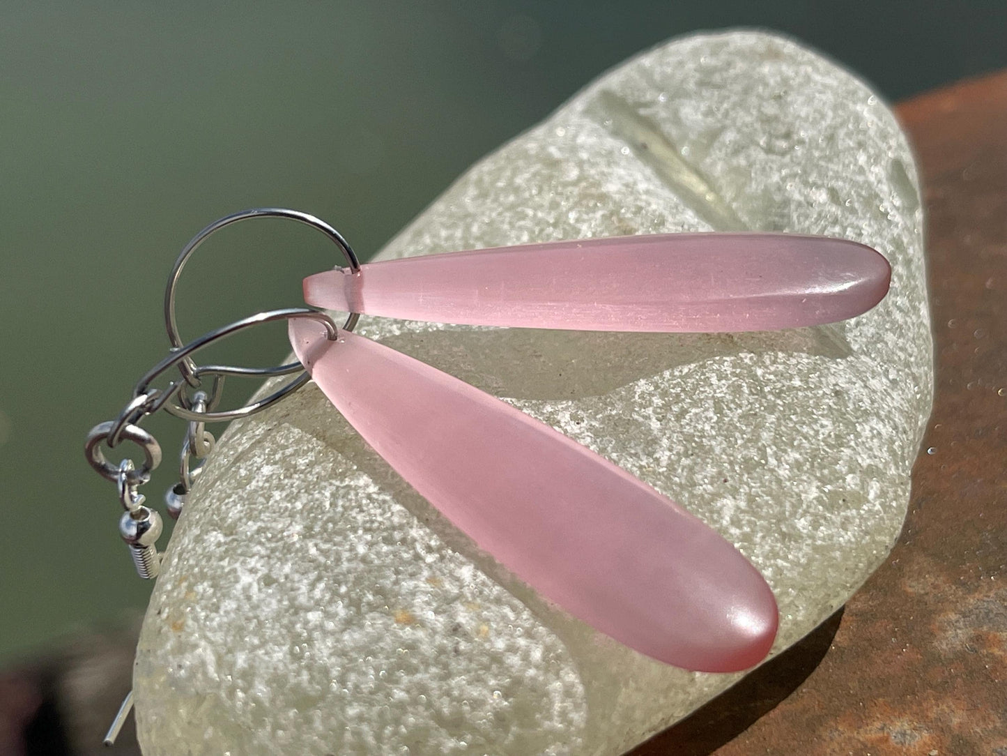 Pink cymophane earrings on sterling silver. Ethical and unique jewellery. Unique handmade earrings. Pink earrings. Pink jewellery.