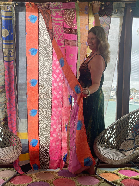 2 Handmade multicoloired & pink curtains, Recycled Vintage Curtains, Ethical Furnishings, Unique Home decor, eco friendly curtains