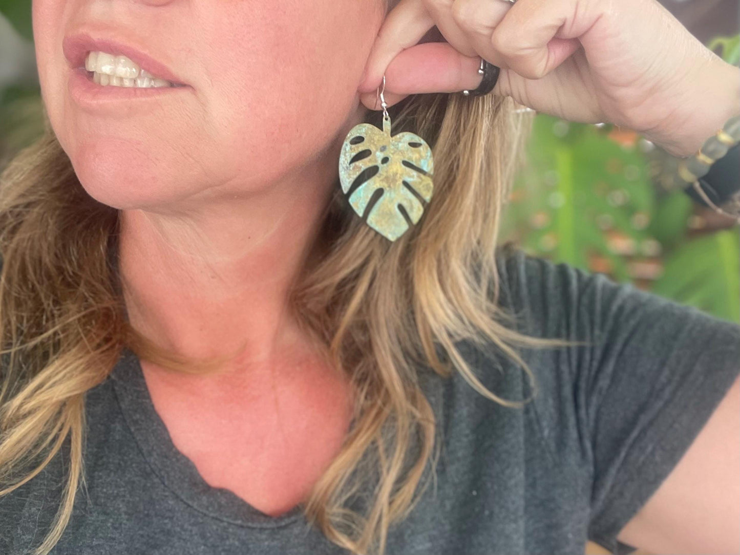 Handmade leaf earrings. Rustic earrings, unusual earrings, unusual gift for her, blue earrings, boho earrings, large statement earrings.