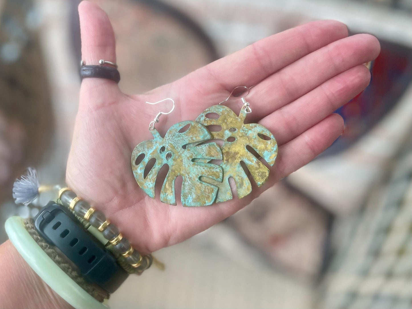 Handmade leaf earrings. Rustic earrings, unusual earrings, unusual gift for her, blue earrings, boho earrings, large statement earrings.