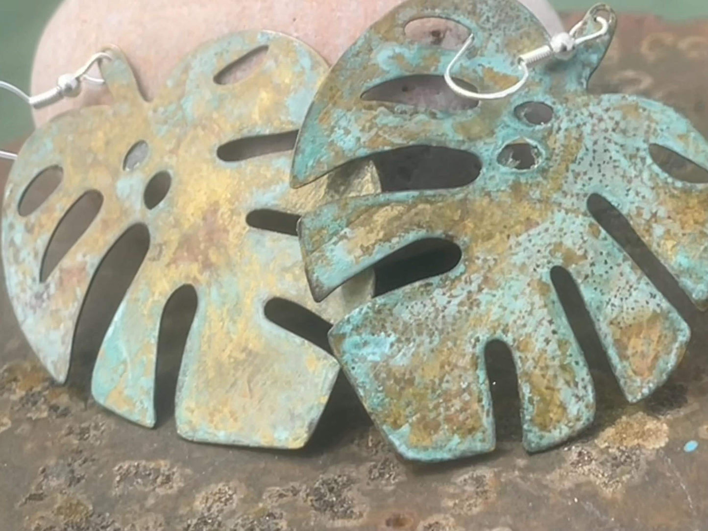 Handmade leaf earrings. Rustic earrings, unusual earrings, unusual gift for her, blue earrings, boho earrings, large statement earrings.