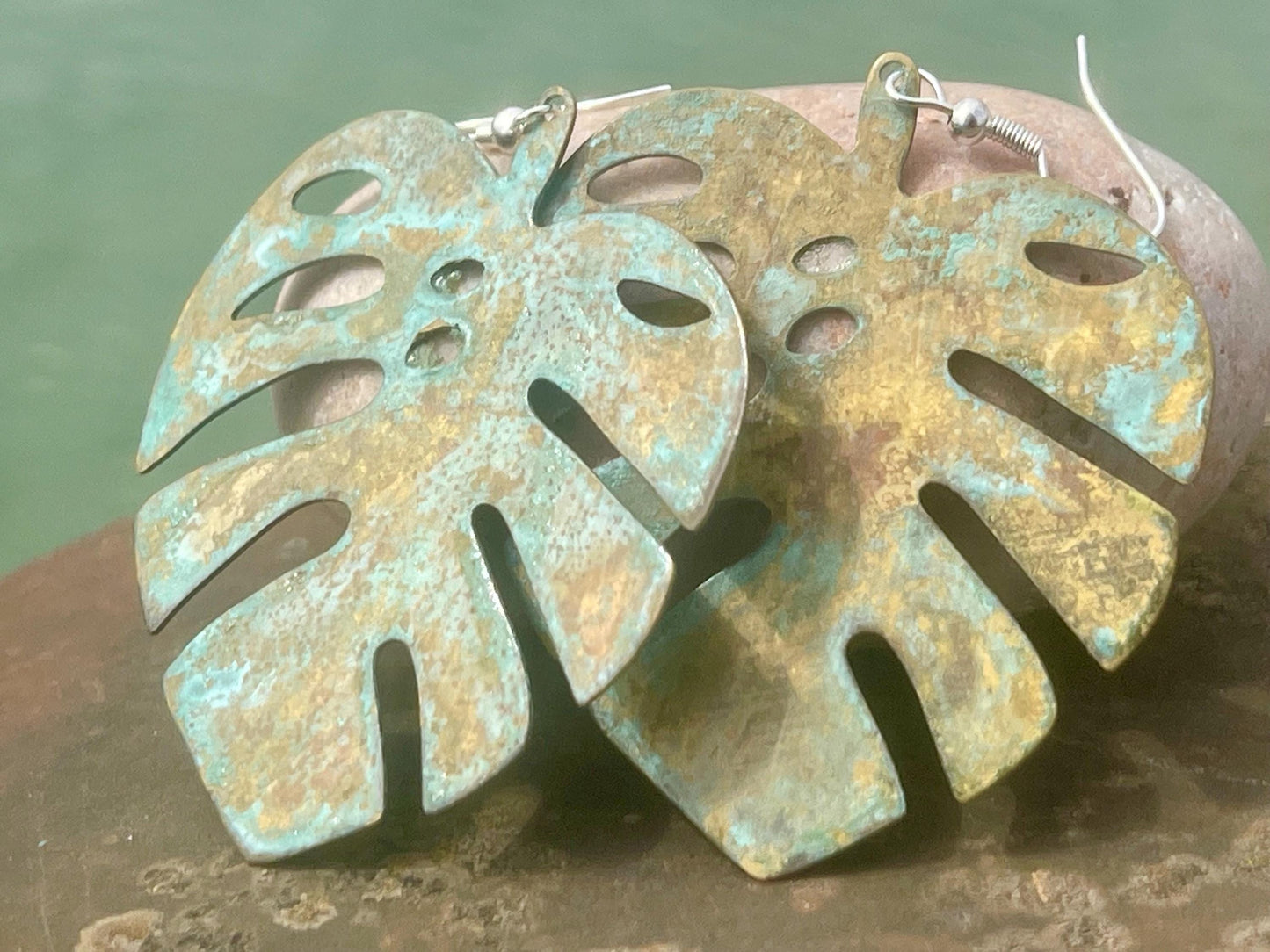 Handmade leaf earrings. Rustic earrings, unusual earrings, unusual gift for her, blue earrings, boho earrings, large statement earrings.