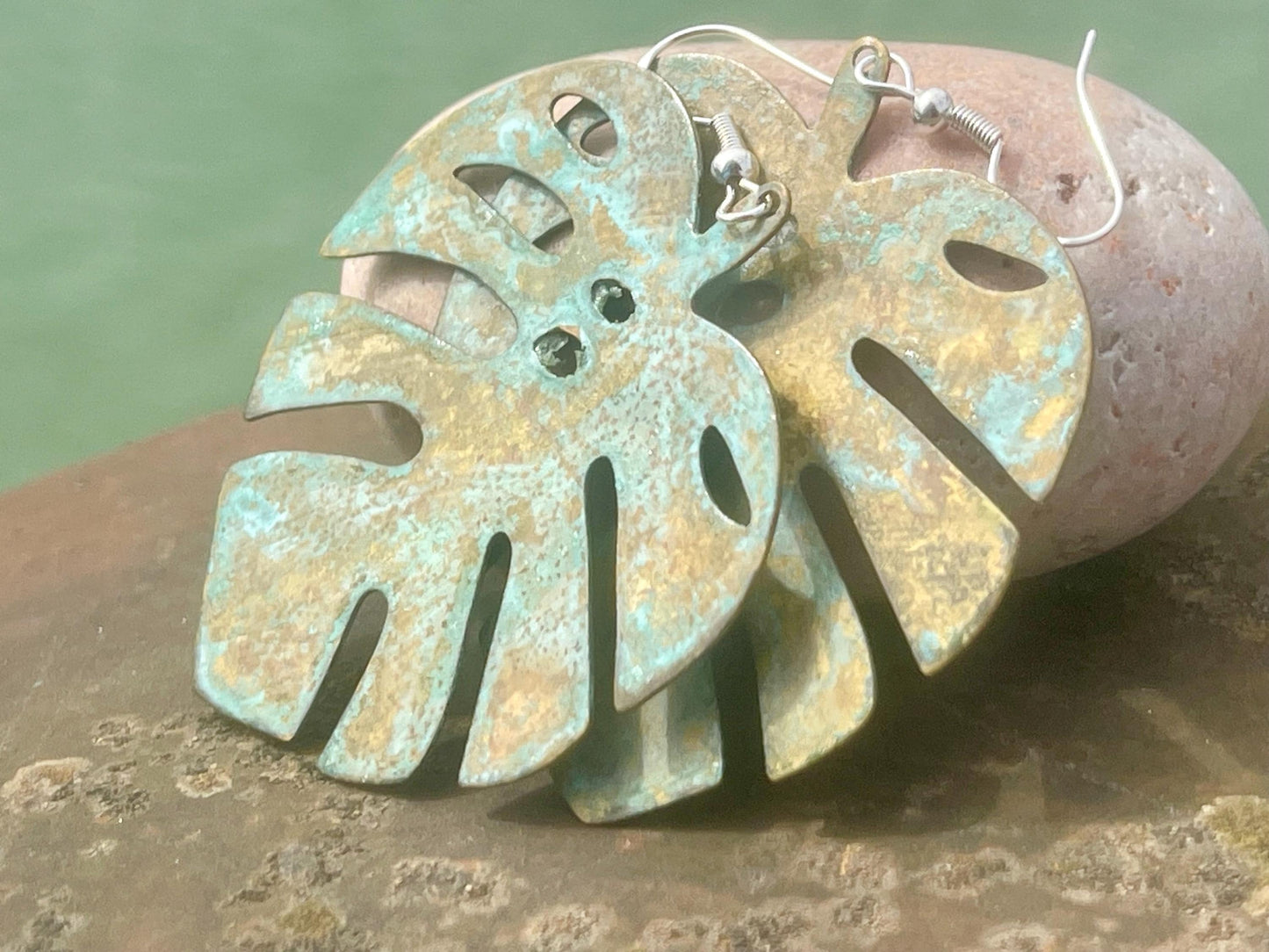 Handmade leaf earrings. Rustic earrings, unusual earrings, unusual gift for her, blue earrings, boho earrings, large statement earrings.