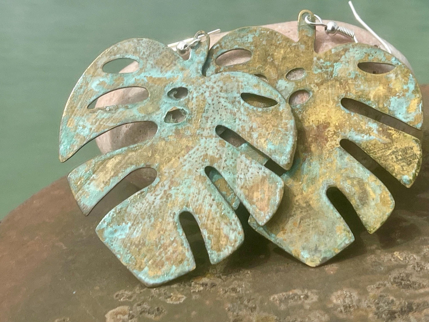 Handmade leaf earrings. Rustic earrings, unusual earrings, unusual gift for her, blue earrings, boho earrings, large statement earrings.