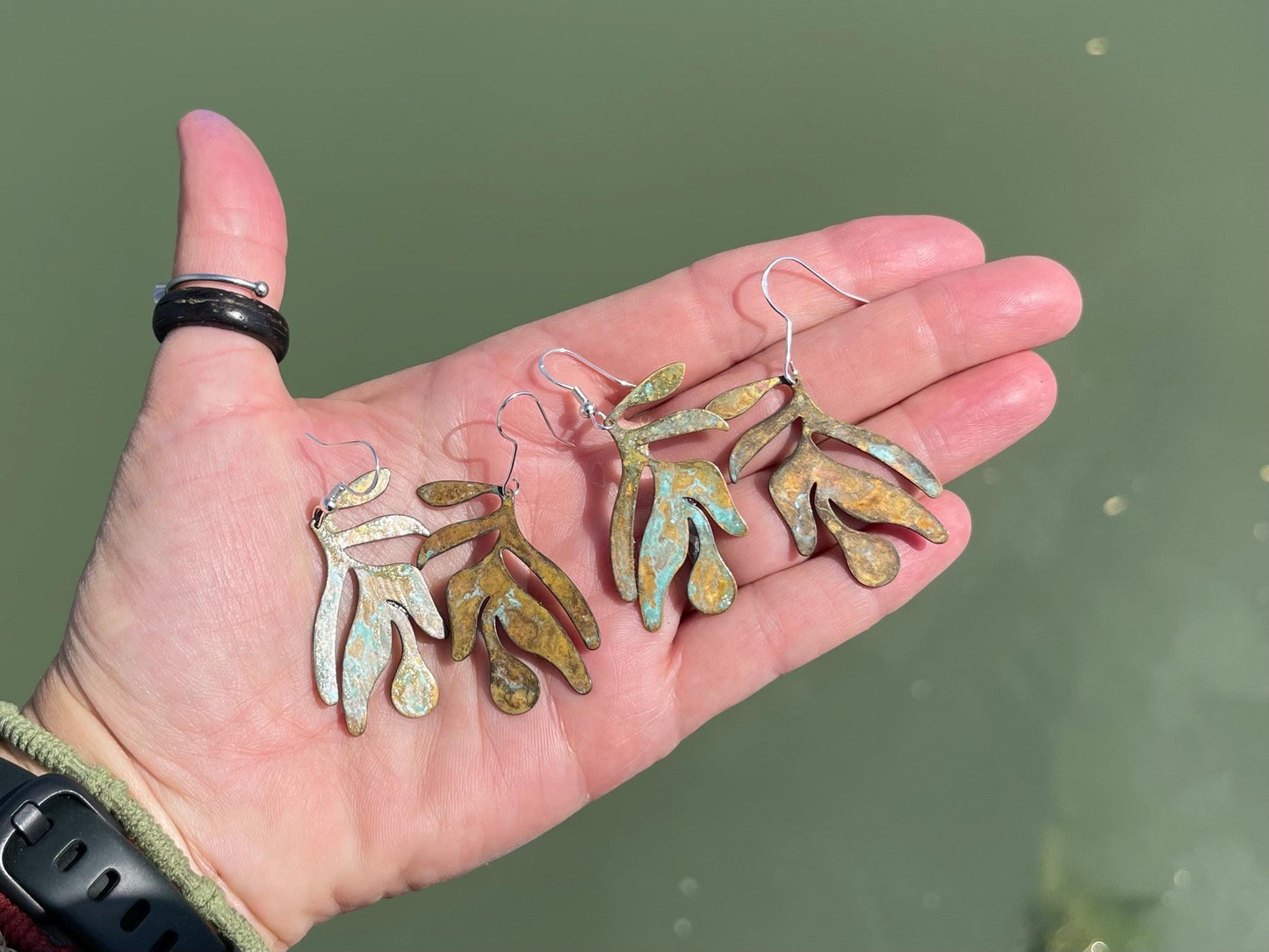 Handmade leaf earrings. Rustic earrings, unusual earrings, unusual gift for her, blue earrings, boho earrings, large statement earrings.