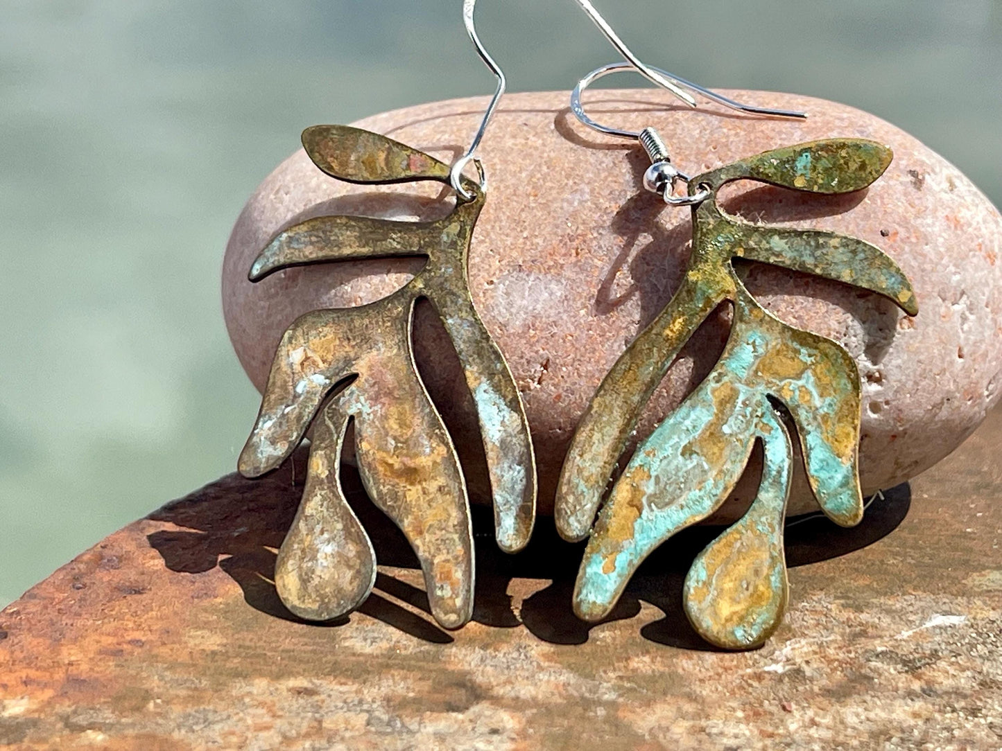 Handmade leaf earrings. Rustic earrings, unusual earrings, unusual gift for her, blue earrings, boho earrings, large statement earrings.