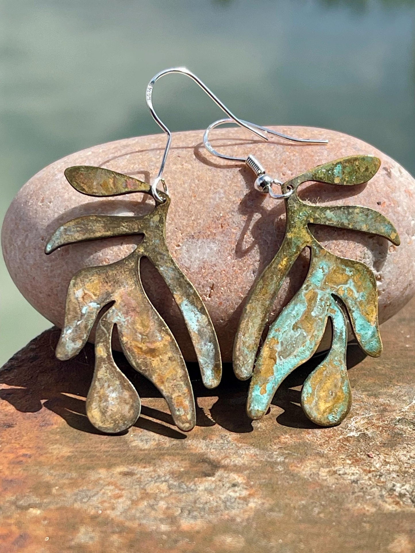 Handmade leaf earrings. Rustic earrings, unusual earrings, unusual gift for her, blue earrings, boho earrings, large statement earrings.