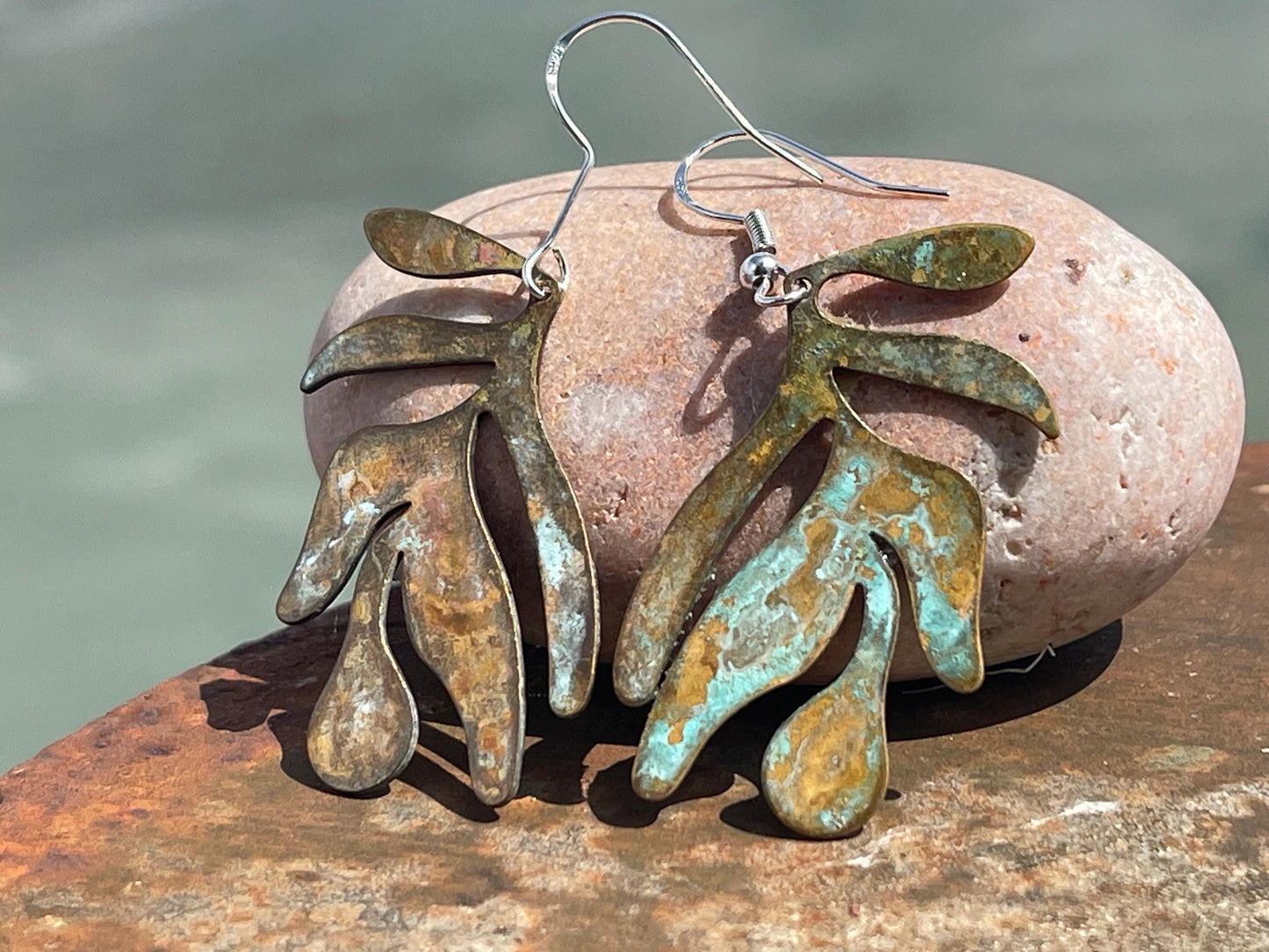 Handmade leaf earrings. Rustic earrings, unusual earrings, unusual gift for her, blue earrings, boho earrings, large statement earrings.