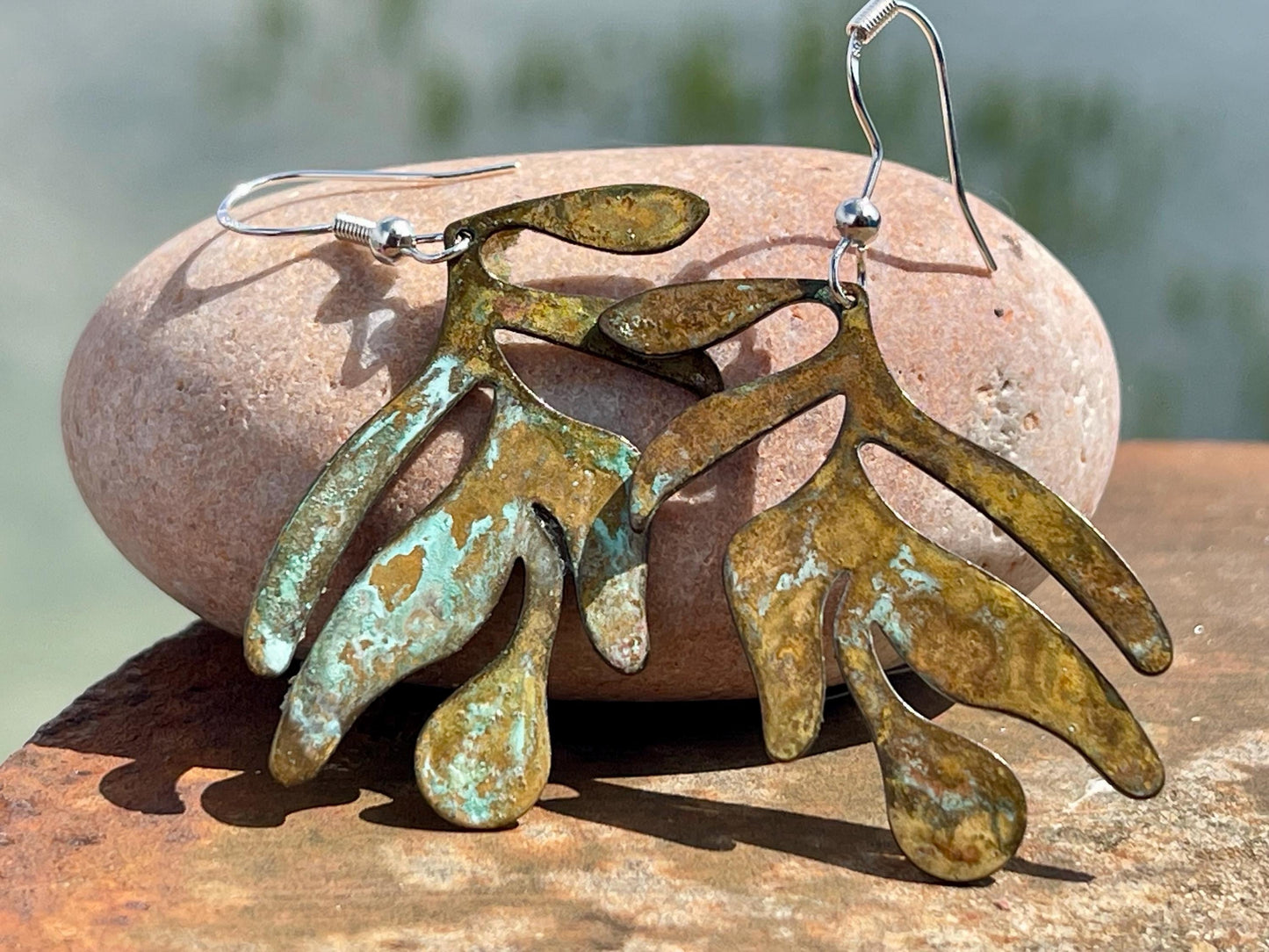 Handmade leaf earrings. Rustic earrings, unusual earrings, unusual gift for her, blue earrings, boho earrings, large statement earrings.