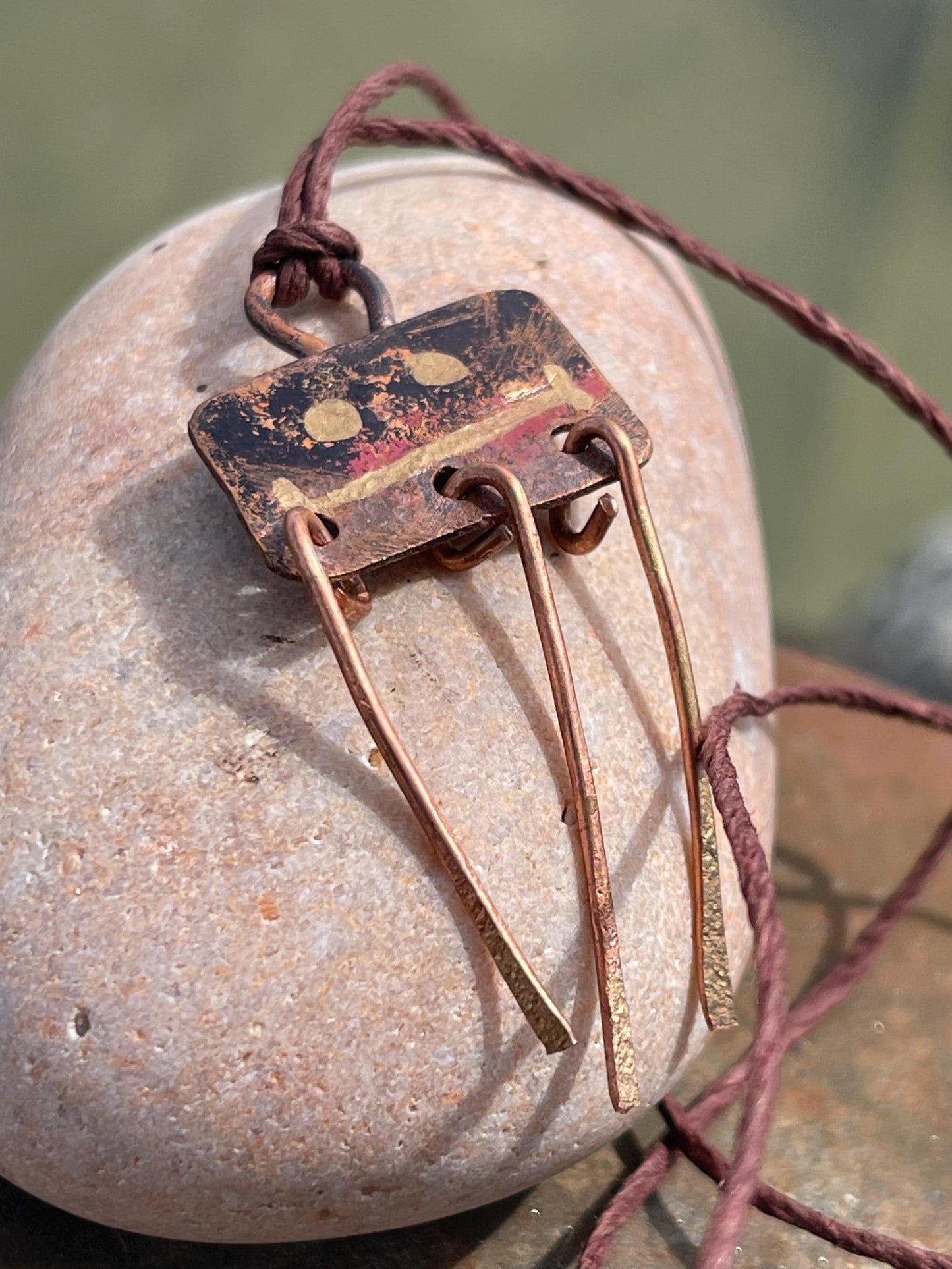 Robot necklace made with welded off-cuts of copper. Handmade jewellery, unique boho jewellery, ethical jewellery. Robot pendant.