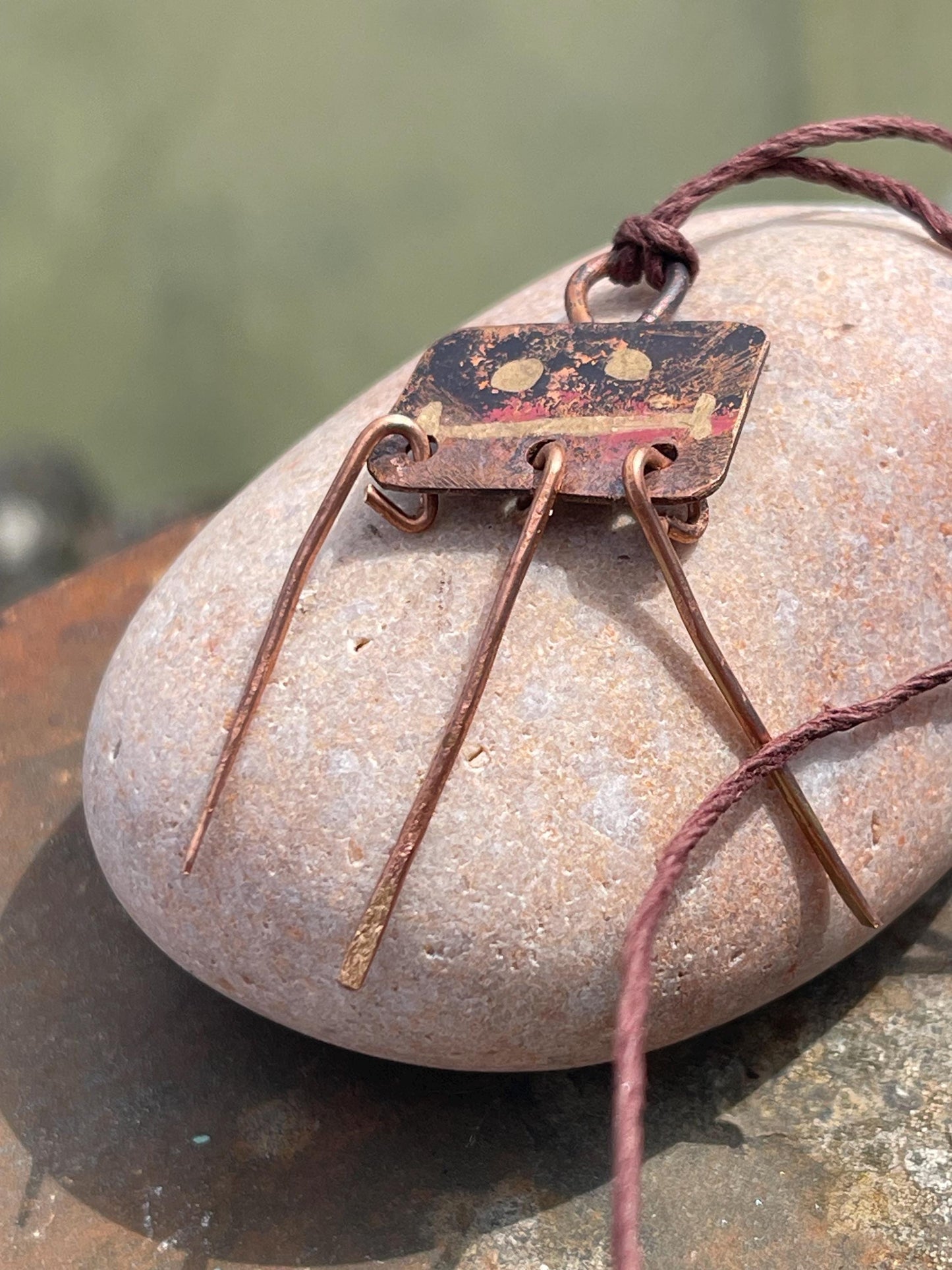 Robot necklace made with welded off-cuts of copper. Handmade jewellery, unique boho jewellery, ethical jewellery. Robot pendant.