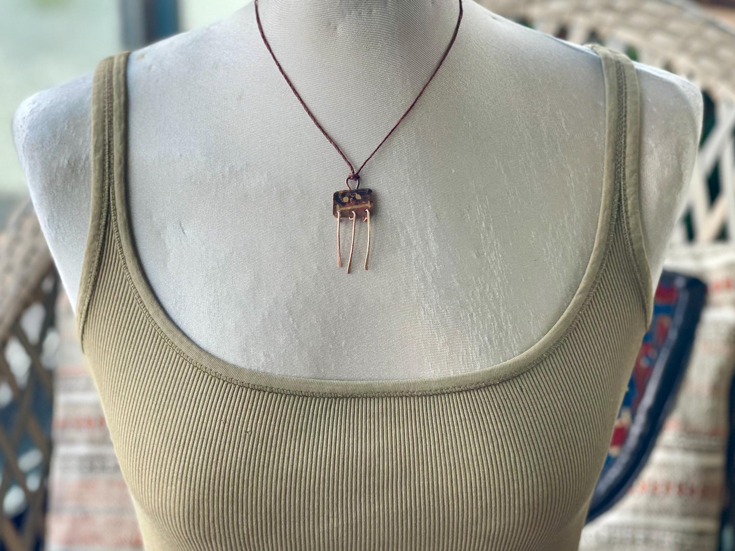 Robot necklace made with welded off-cuts of copper. Handmade jewellery, unique boho jewellery, ethical jewellery. Robot pendant.