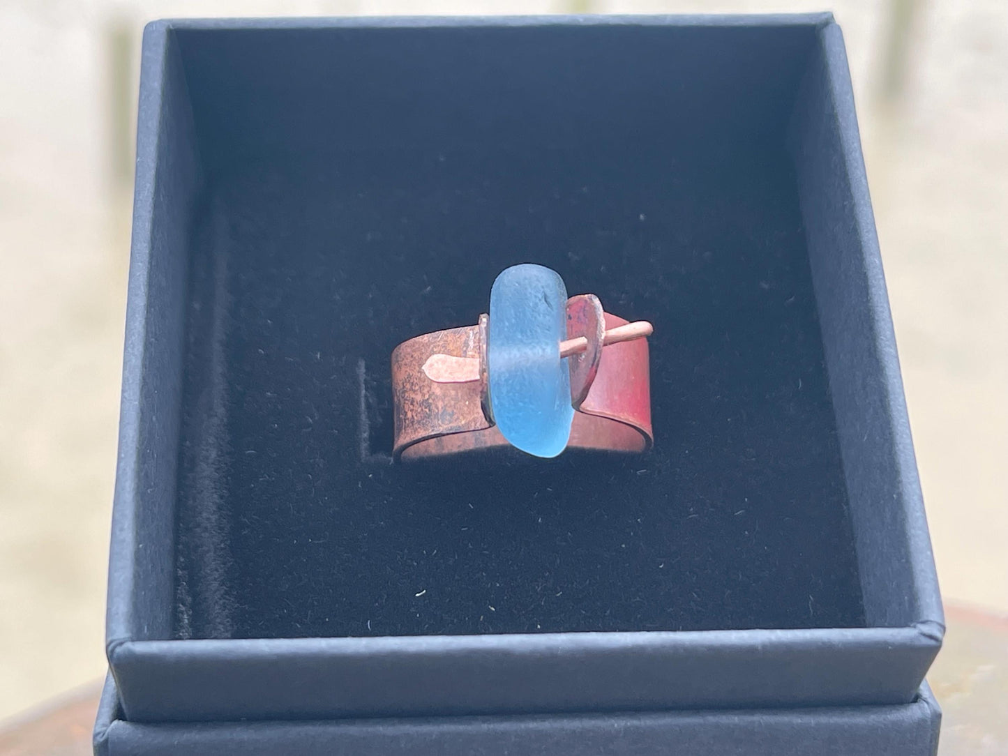 Recycled copper and sea glass rings. Handmade sea glass jewellery. Rings made with sea glass. Rustic jewellery. Handmade unusual rings.