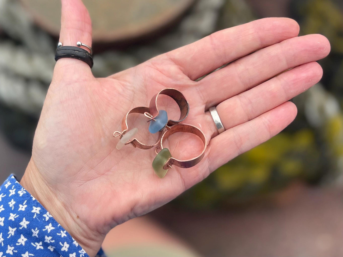 Recycled copper and sea glass rings. Handmade sea glass jewellery. Rings made with sea glass. Rustic jewellery. Handmade unusual rings.