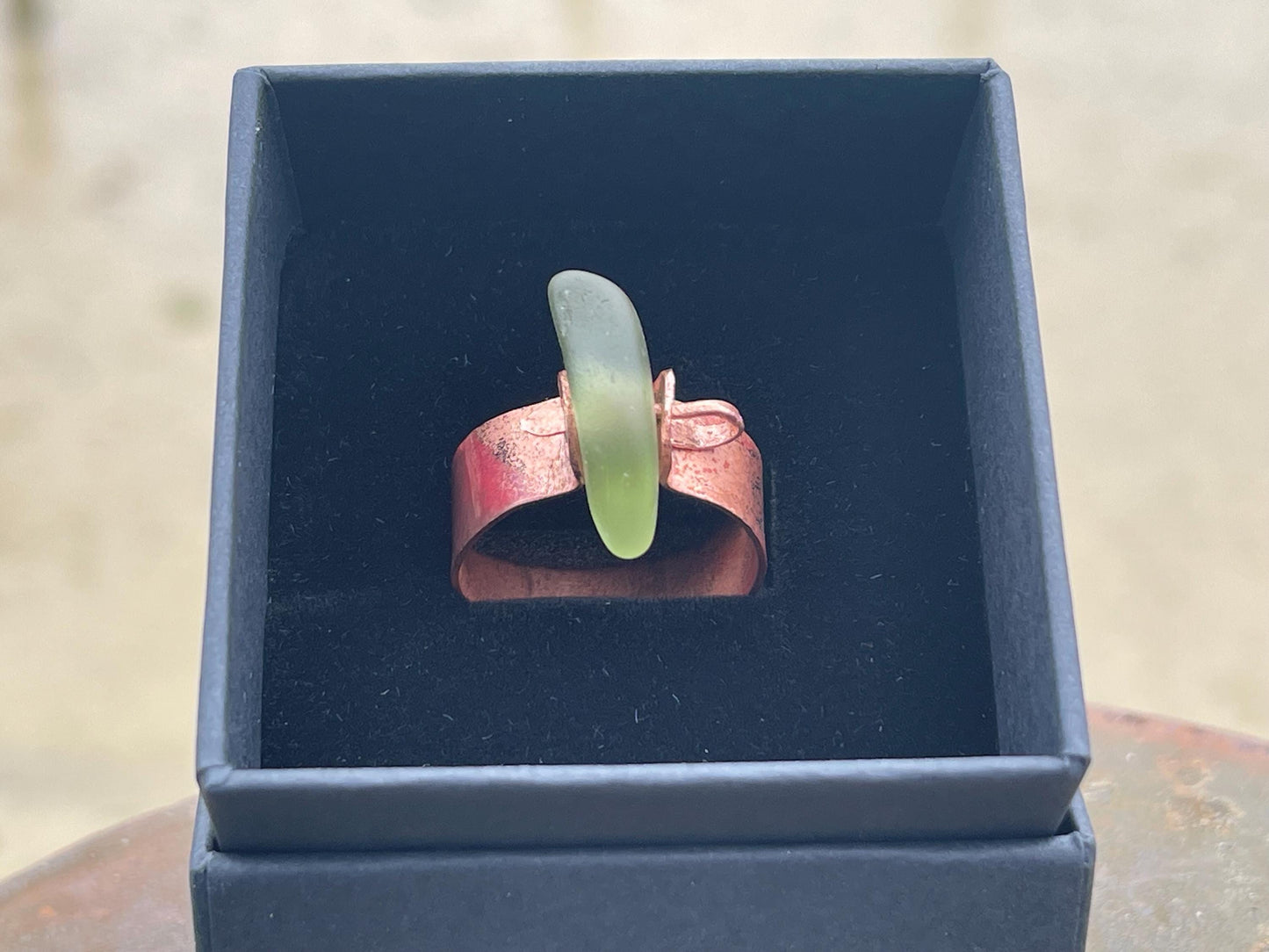 Recycled copper and sea glass rings. Handmade sea glass jewellery. Rings made with sea glass. Rustic jewellery. Handmade unusual rings.