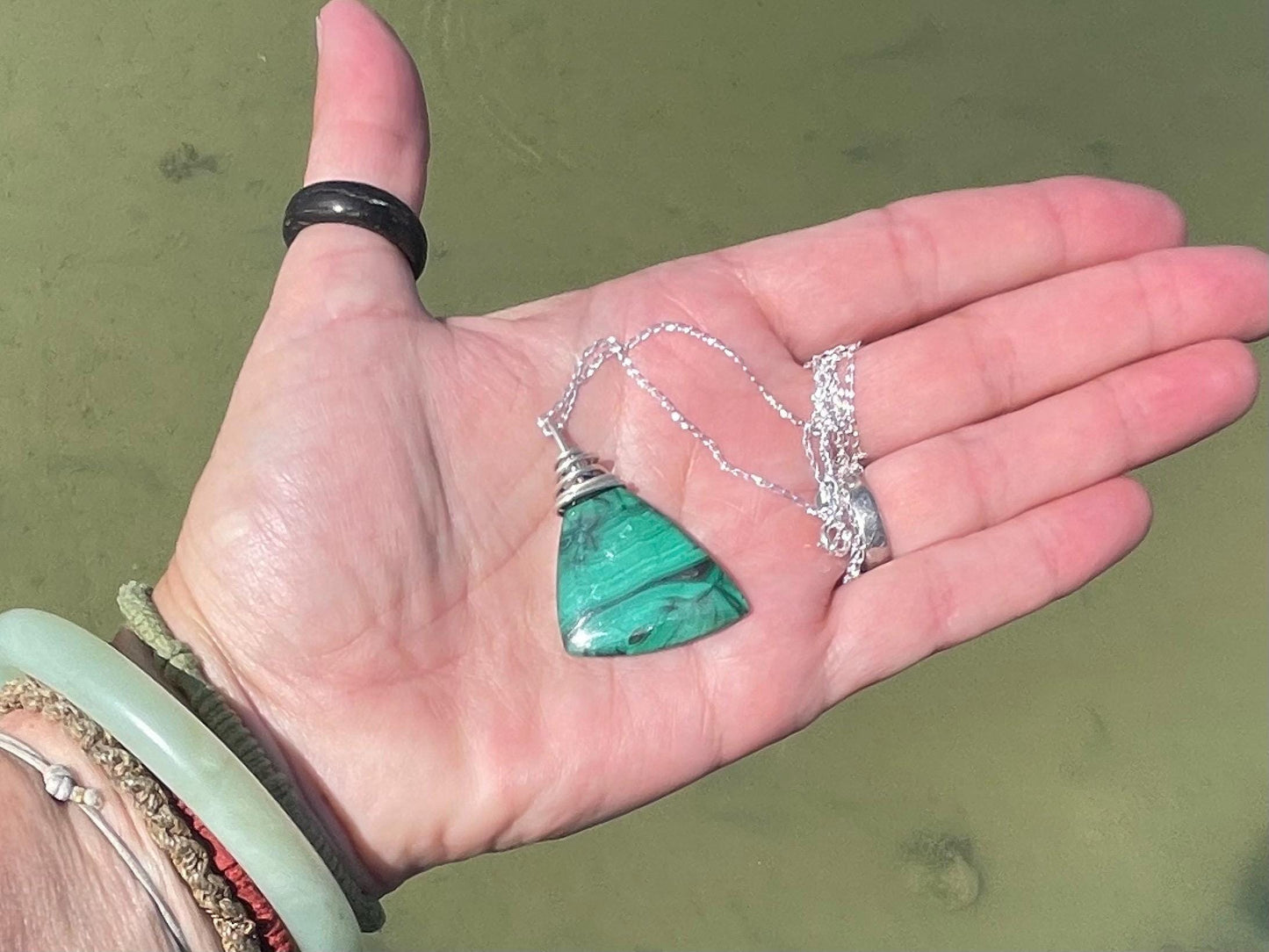 Malachite necklace, ethical jewellery, bohemian necklace, unusual jewellery, malachite pendant, green gemstone necklace. Boho jewellery