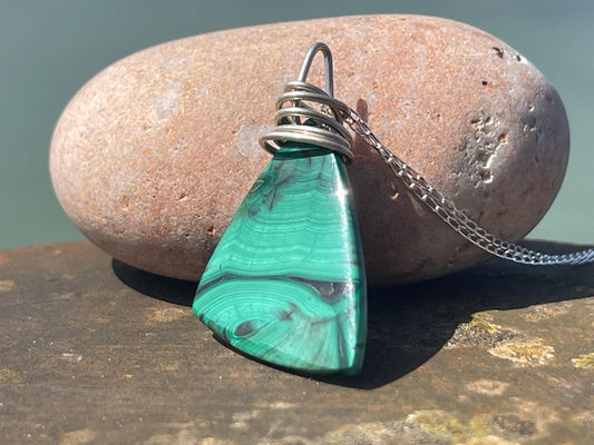 Malachite necklace, ethical jewellery, bohemian necklace, unusual jewellery, malachite pendant, green gemstone necklace. Boho jewellery