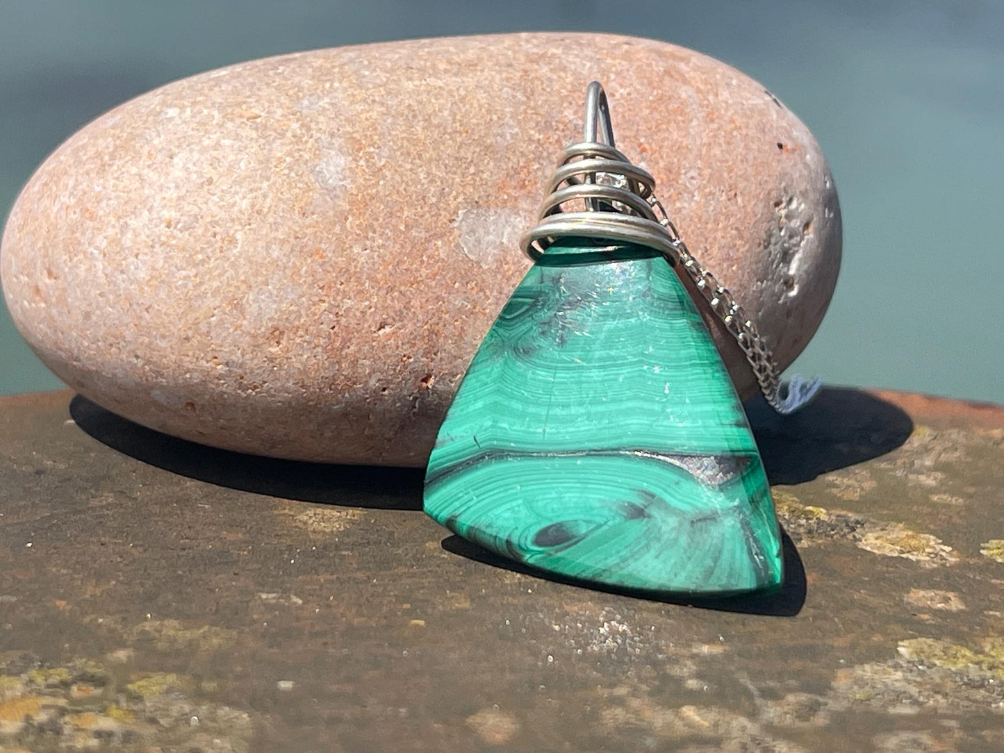 Malachite necklace, ethical jewellery, bohemian necklace, unusual jewellery, malachite pendant, green gemstone necklace. Boho jewellery